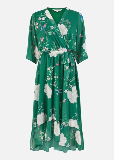 Yumi Green Bird & Floral Print Midi Wrap Dress