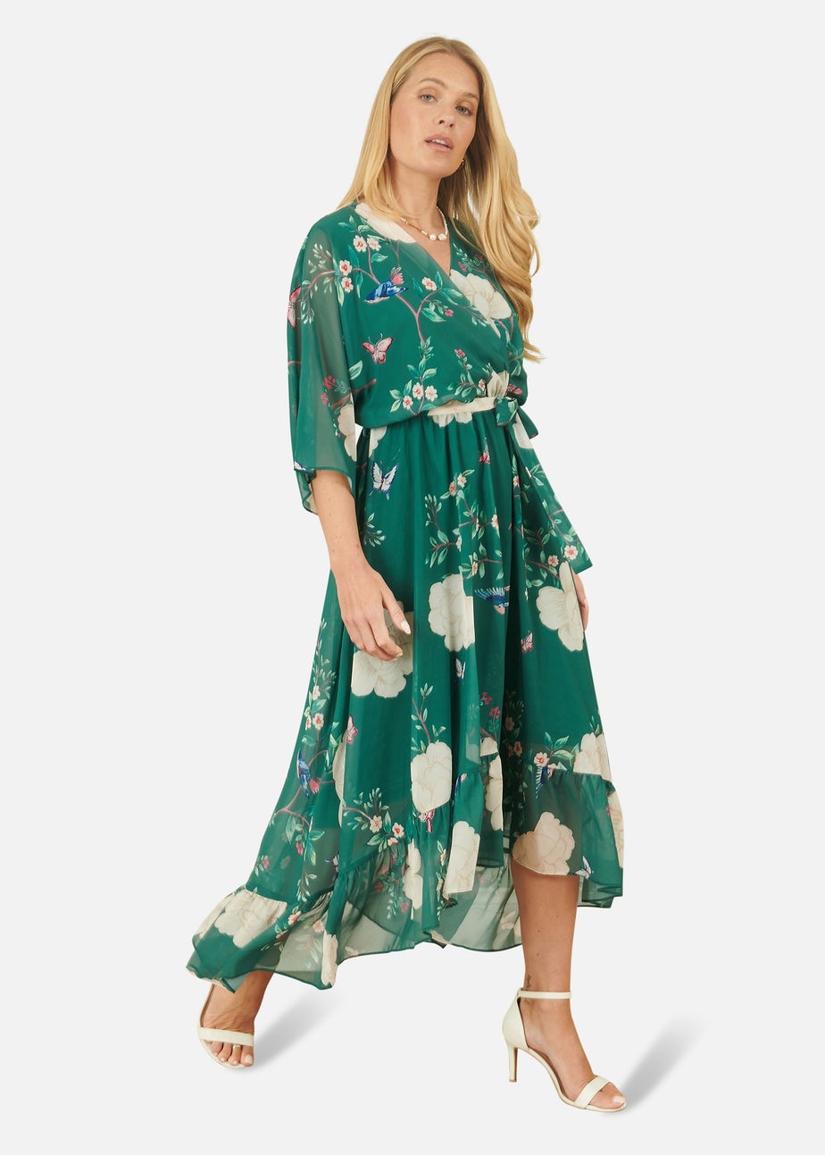 Yumi Green Bird & Floral Print Midi Wrap Dress