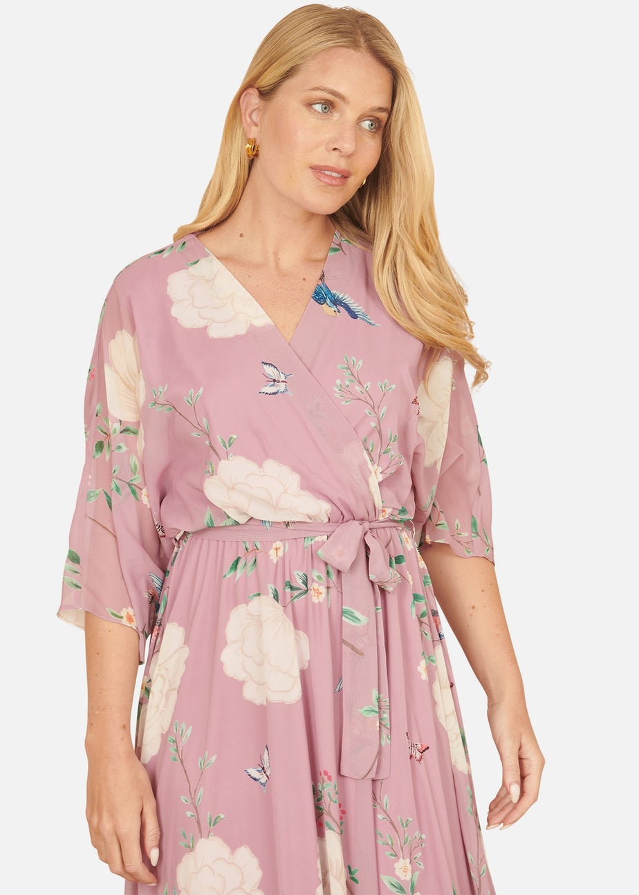 Yumi Pink Bird & Floral Print Midi Wrap Dress