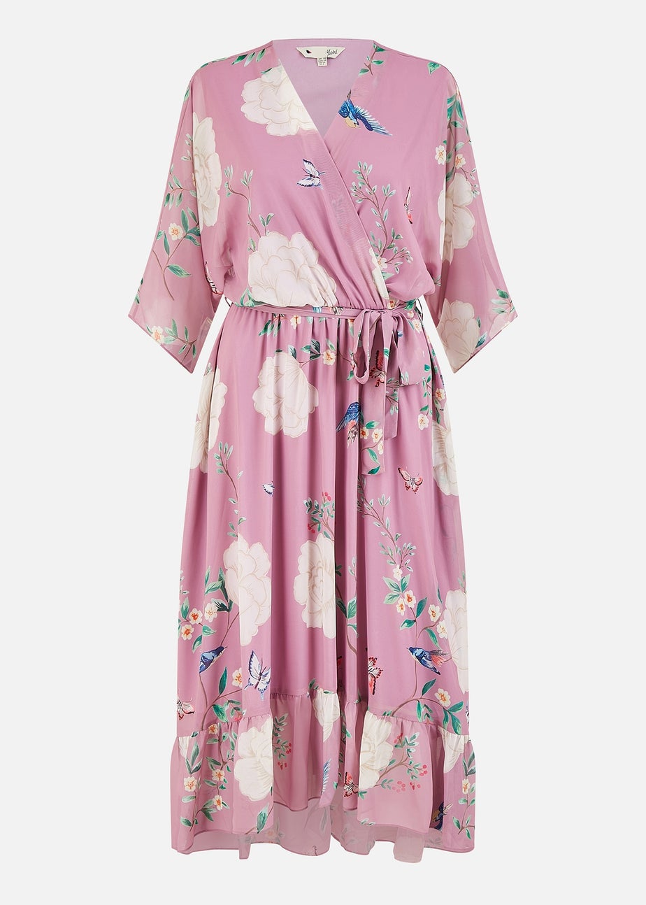 Yumi Pink Bird & Floral Print Midi Wrap Dress
