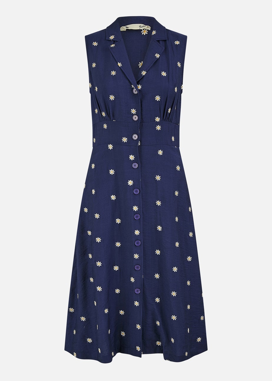 Yumi Navy Daisy Print Sleeveless Shirt Dress