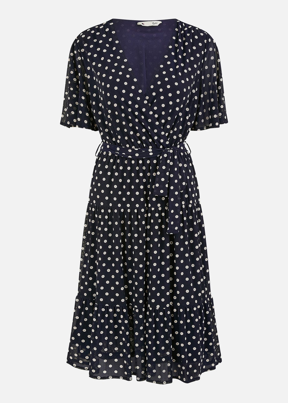 Yumi Navy Dot Print V-Neck Midi Skater Dress