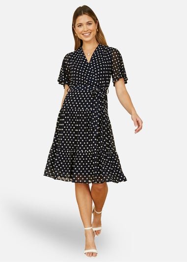 Yumi Navy Dot Print V-Neck Midi Skater Dress