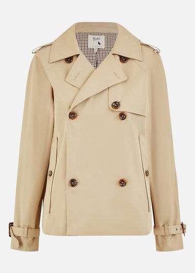 Yumi Beige Cropped Trench Jacket With Pockets & Check Lining