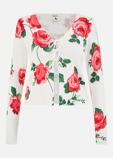 Yumi White Rose Print Cardigan With Tie Front