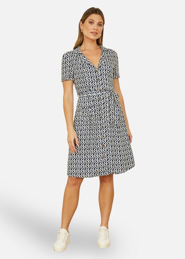 Yumi Navy Geo Print Retro Style Shirt Dress
