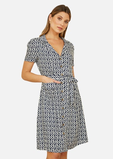 Yumi Navy Geo Print Retro Style Shirt Dress