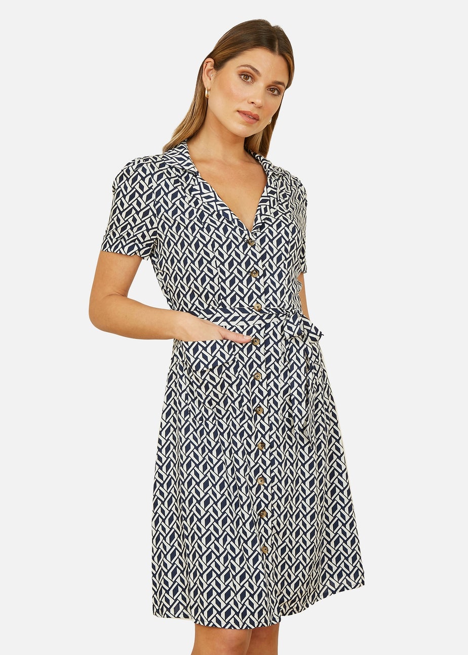 Yumi Navy Geo Print Retro Style Shirt Dress