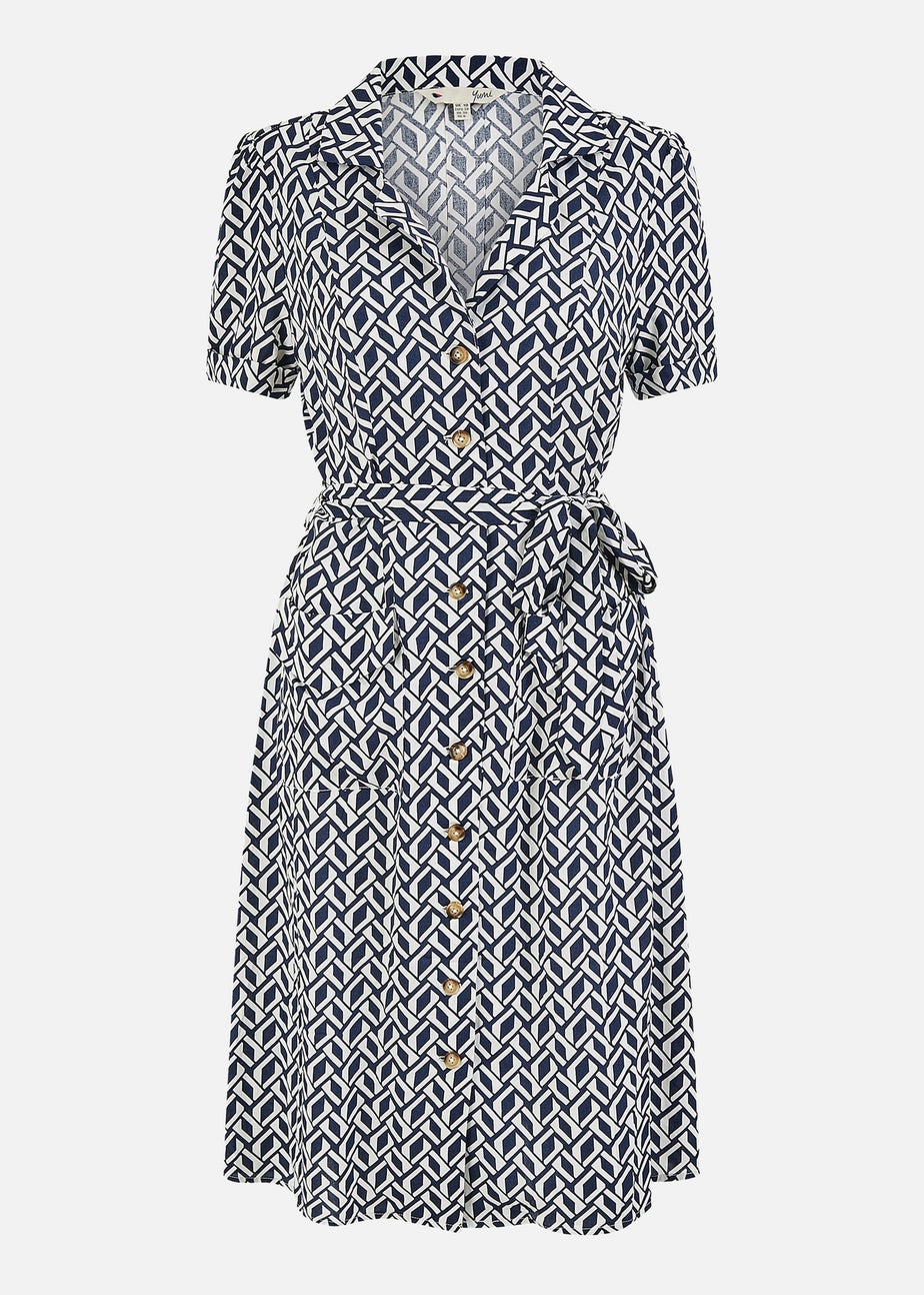 Yumi Navy Geo Print Retro Style Shirt Dress