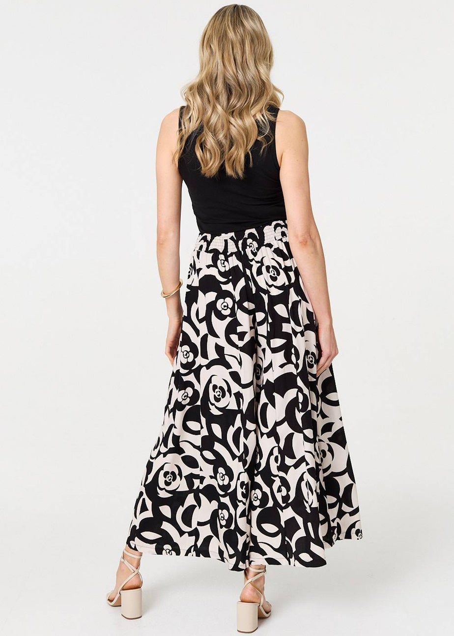 Izabel London Black Printed Wide Leg Tie Waist Trousers