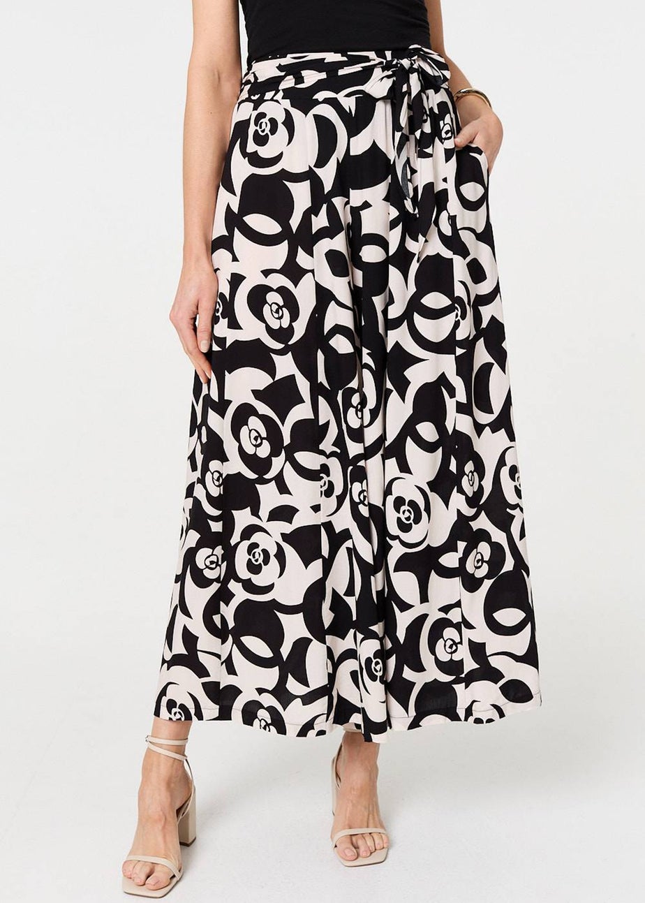 Izabel London Black Printed Wide Leg Tie Waist Trousers