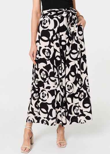 Izabel London Black Printed Wide Leg Tie Waist Trousers