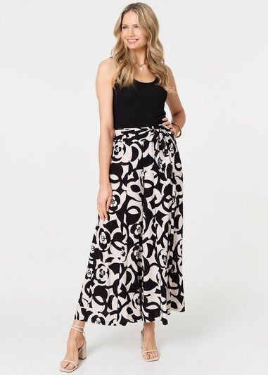 Izabel London Black Printed Wide Leg Tie Waist Trousers