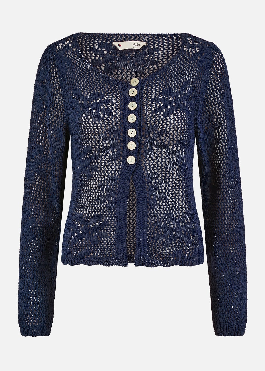 Yumi Navy Flower Crochet Button Up Cardigan