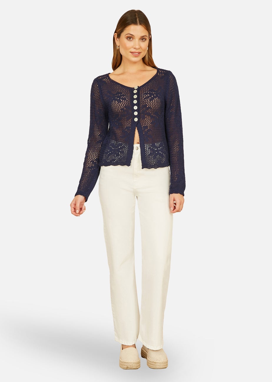 Yumi Navy Flower Crochet Button Up Cardigan