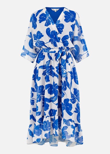 Yumi Navy Kimono Sleeves Midi Dip Hem Wrap Midi Dress