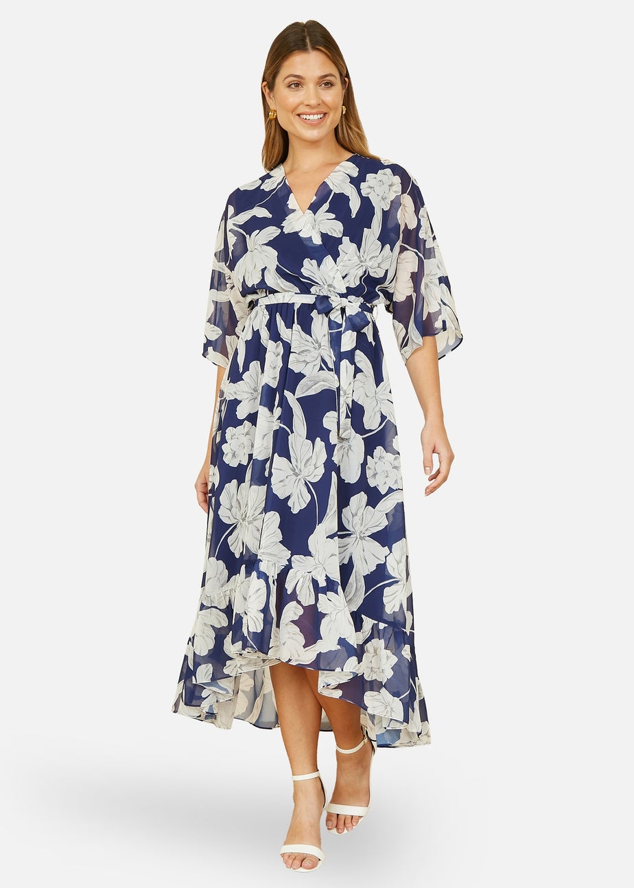 Yumi Navy Mesh Bird And Floral Print Midi Dress With Ruffles