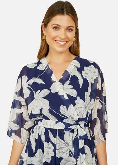 Yumi Navy Mesh Bird And Floral Print Midi Dress With Ruffles