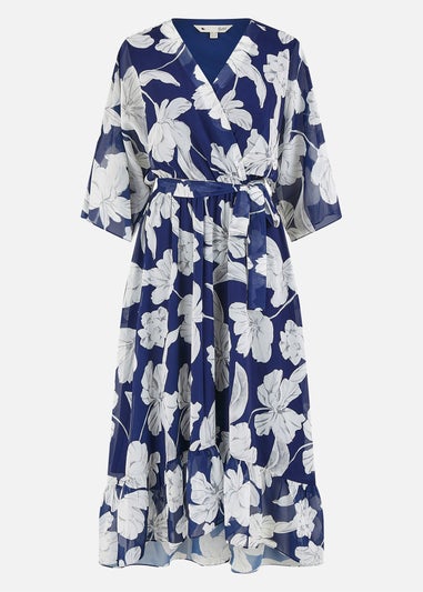 Yumi Navy Mesh Bird And Floral Print Midi Dress With Ruffles