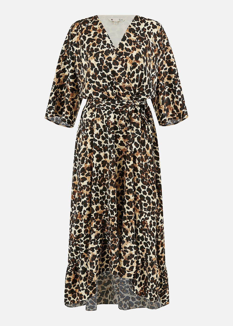 Yumi Brown Leopard Midi Wrap Dress With Kimono Sleeves