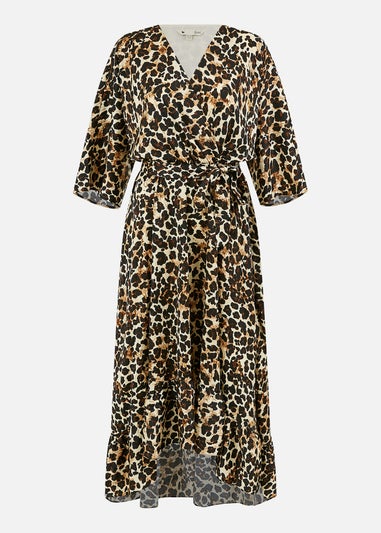 Yumi Brown Leopard Midi Wrap Dress With Kimono Sleeves