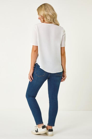 Roman White Petite V-Neck Button Through Blouse