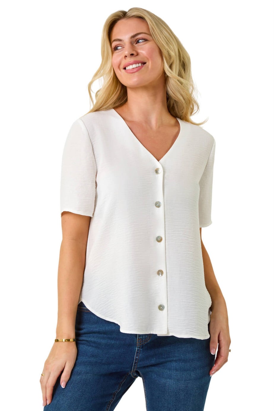 Roman White Petite V-Neck Button Through Blouse