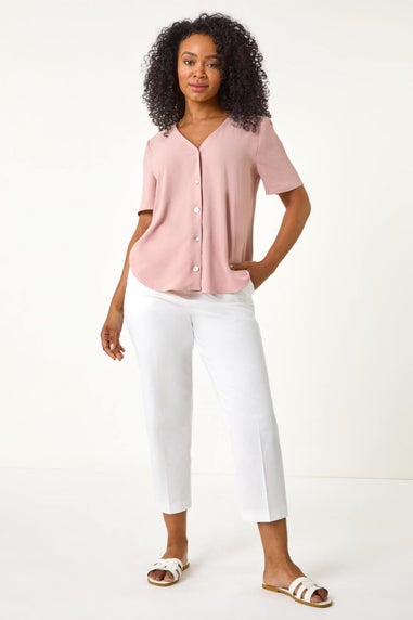 Roman Light Pink Petite V-Neck Button Through Blouse