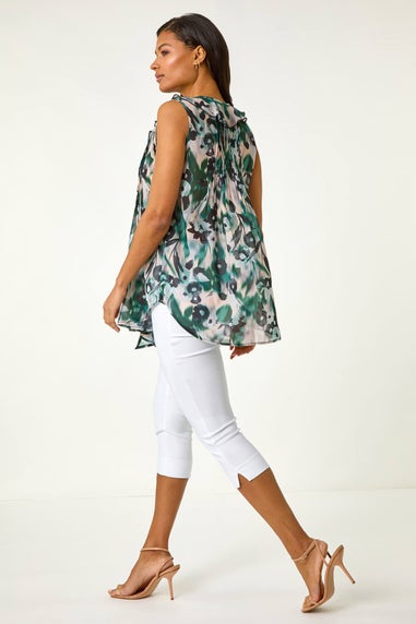 Roman Green Abstract Print Frill Buttoned Blouse