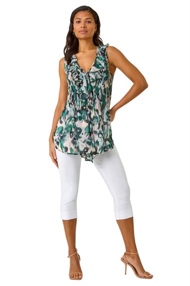 Roman Green Abstract Print Frill Buttoned Blouse