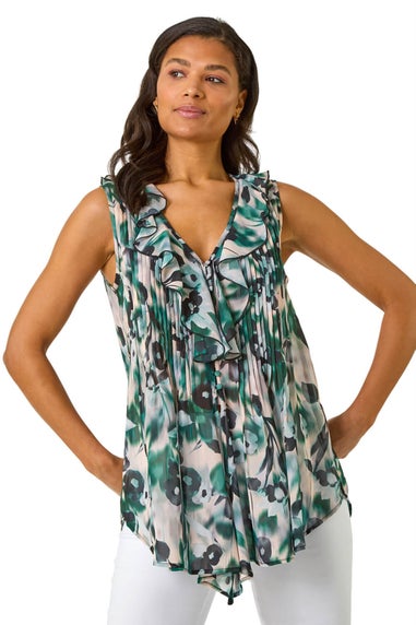 Roman Green Abstract Print Frill Buttoned Blouse