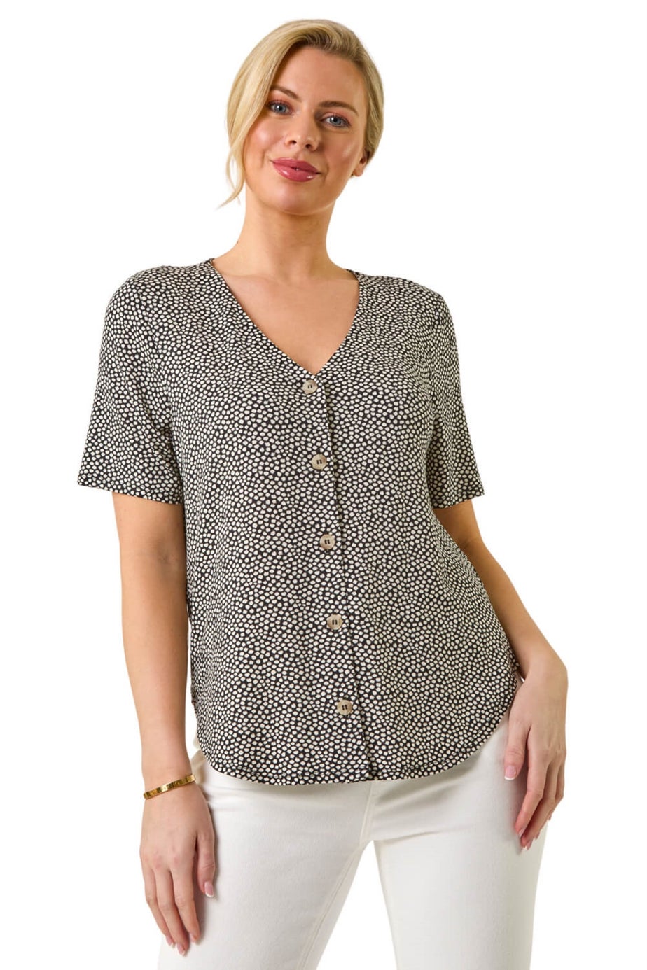 Roman Black Petite Spot V-Neck Stretch Blouse