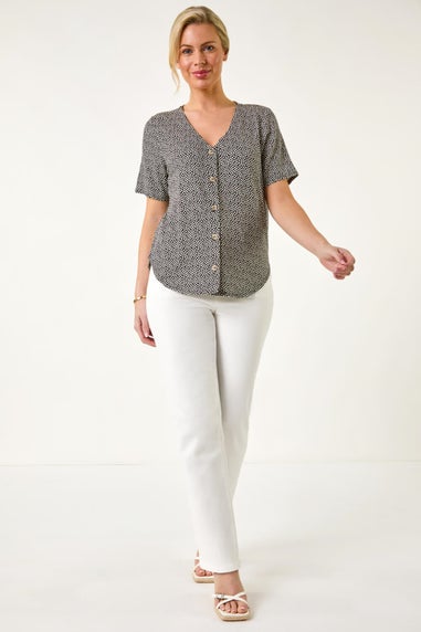 Roman Black Petite Spot V-Neck Stretch Blouse