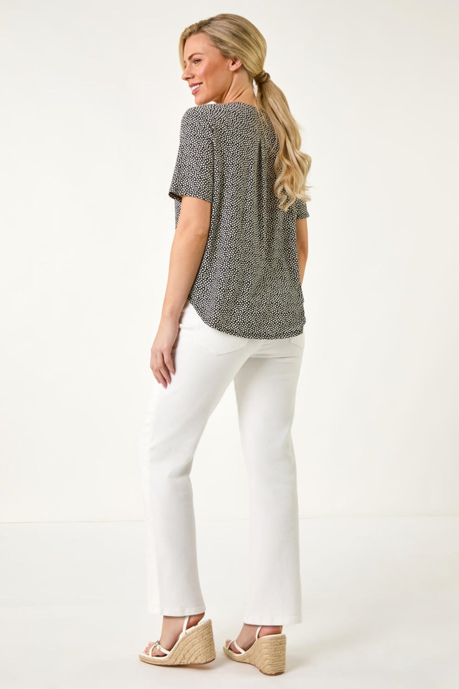 Roman Black Petite Spot V-Neck Stretch Blouse