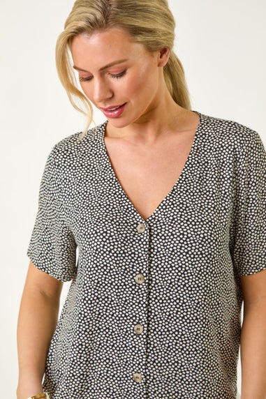 Roman Black Petite Spot V-Neck Stretch Blouse