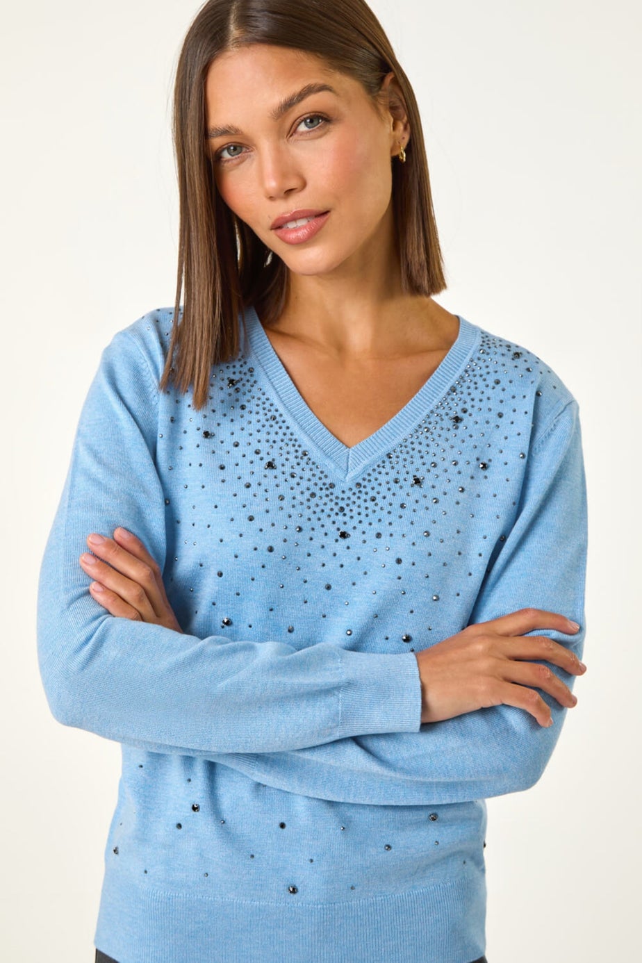 Roman Blue V-Neck Sparkle Hotfix Knit Jumper