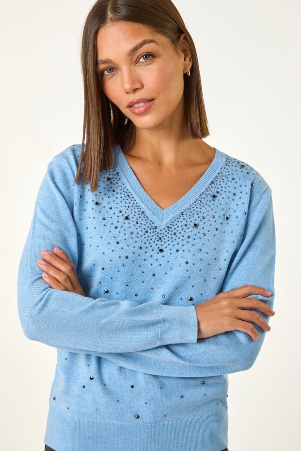 Roman Blue V-Neck Sparkle Hotfix Knit Jumper