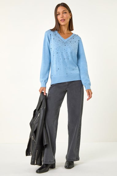 Roman Blue V-Neck Sparkle Hotfix Knit Jumper