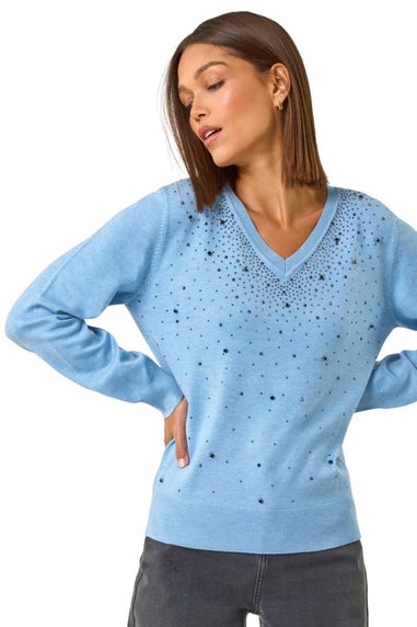 Roman Blue V-Neck Sparkle Hotfix Knit Jumper