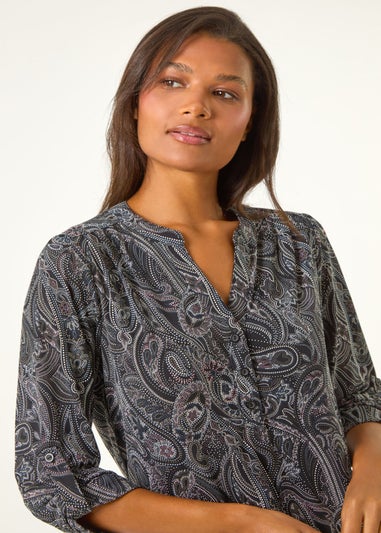 Roman Grey Textured Paisley Print Stretch Blouse