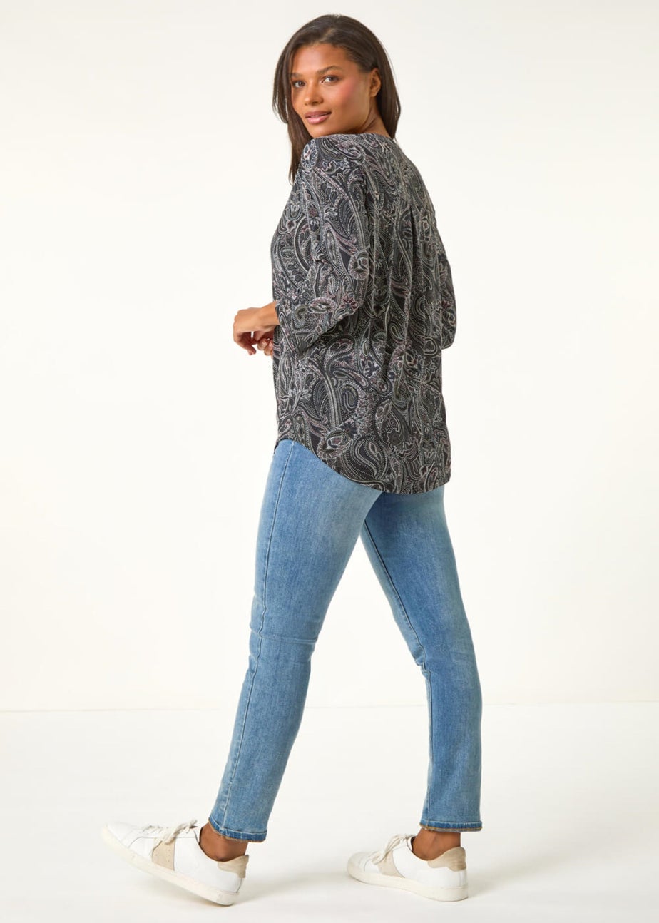 Roman Grey Textured Paisley Print Stretch Blouse