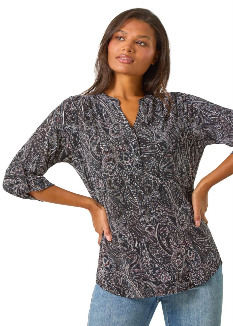 Roman Grey Textured Paisley Print Stretch Blouse