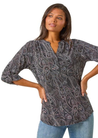 Roman Grey Textured Paisley Print Stretch Blouse