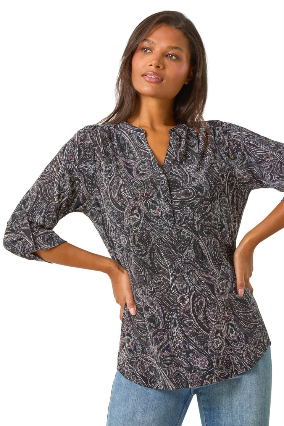 Roman Grey Textured Paisley Print Stretch Blouse