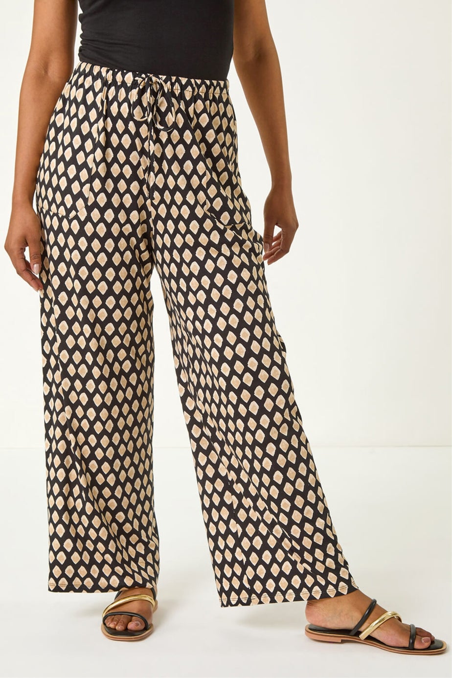 Roman Black Petite Geo Print Wide Leg Stretch Trouser