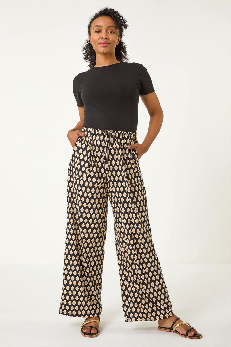 Roman Black Petite Geo Print Wide Leg Stretch Trouser