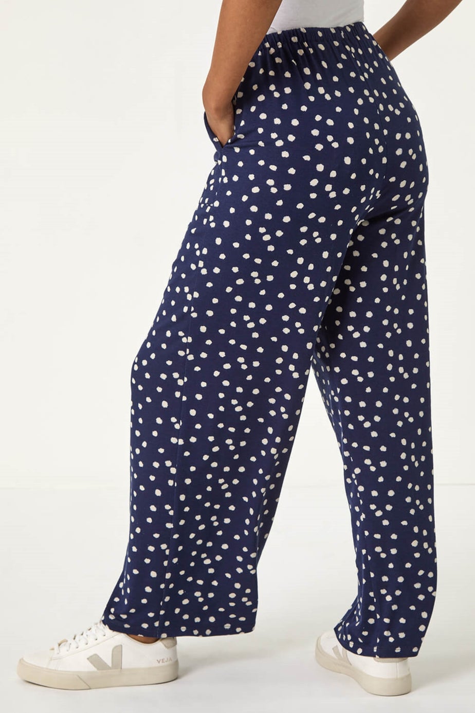 Roman Navy Petite Spot Print Wide Leg Stretch Trouser
