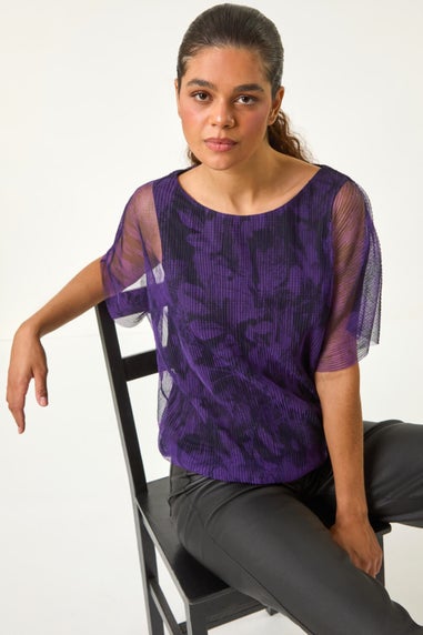 Roman Indigo Floral Plisse Bubble Hem Top