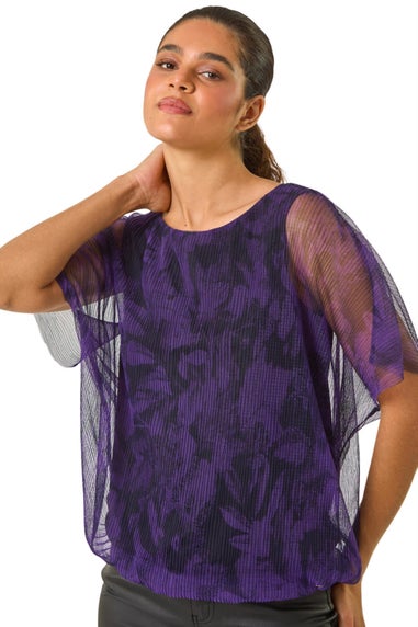 Roman Indigo Floral Plisse Bubble Hem Top