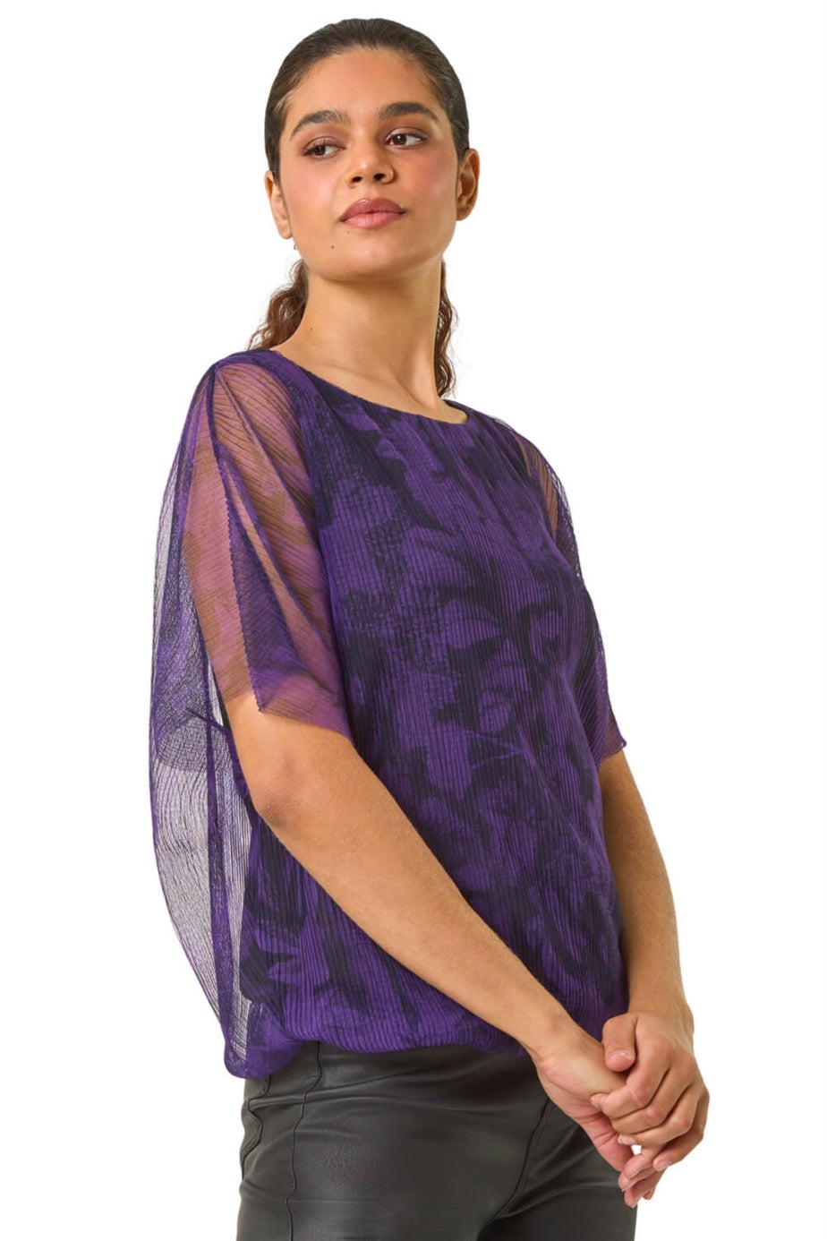 Roman Indigo Floral Plisse Bubble Hem Top